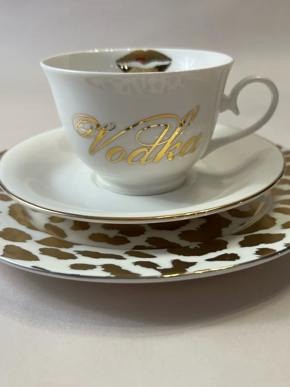 Vodka & Gold Lips Teacup & Saucer | White Ceramic with Gold Trim